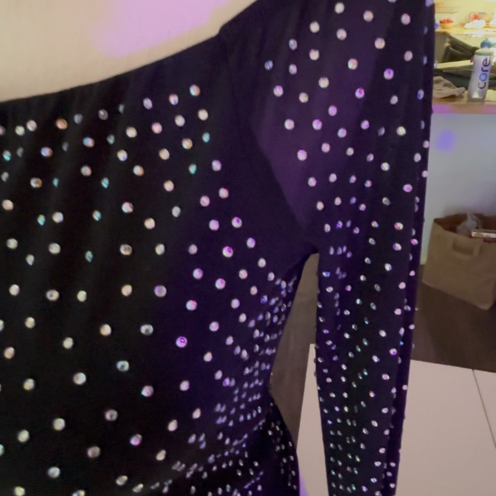 Windsor Black Fitted Crop Top with Rhinestones Long Sleeves